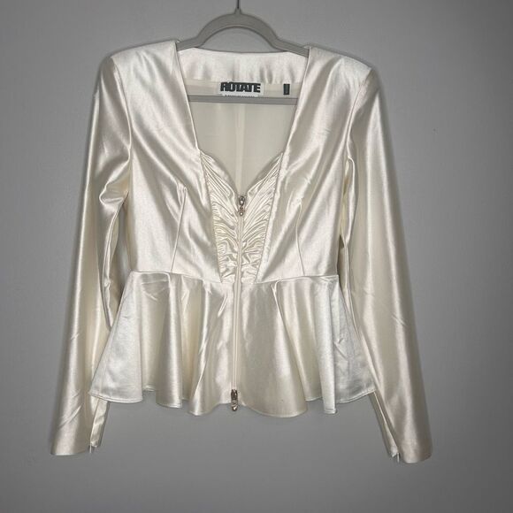 ROTATE BIRGER CHRISTENSEN WHITE ASPARAGUS SATIN RUCHED PEPLUM ANNIE TOP - Picture 6 of 11